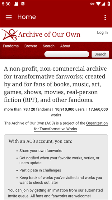AO3 英文原站首页截图